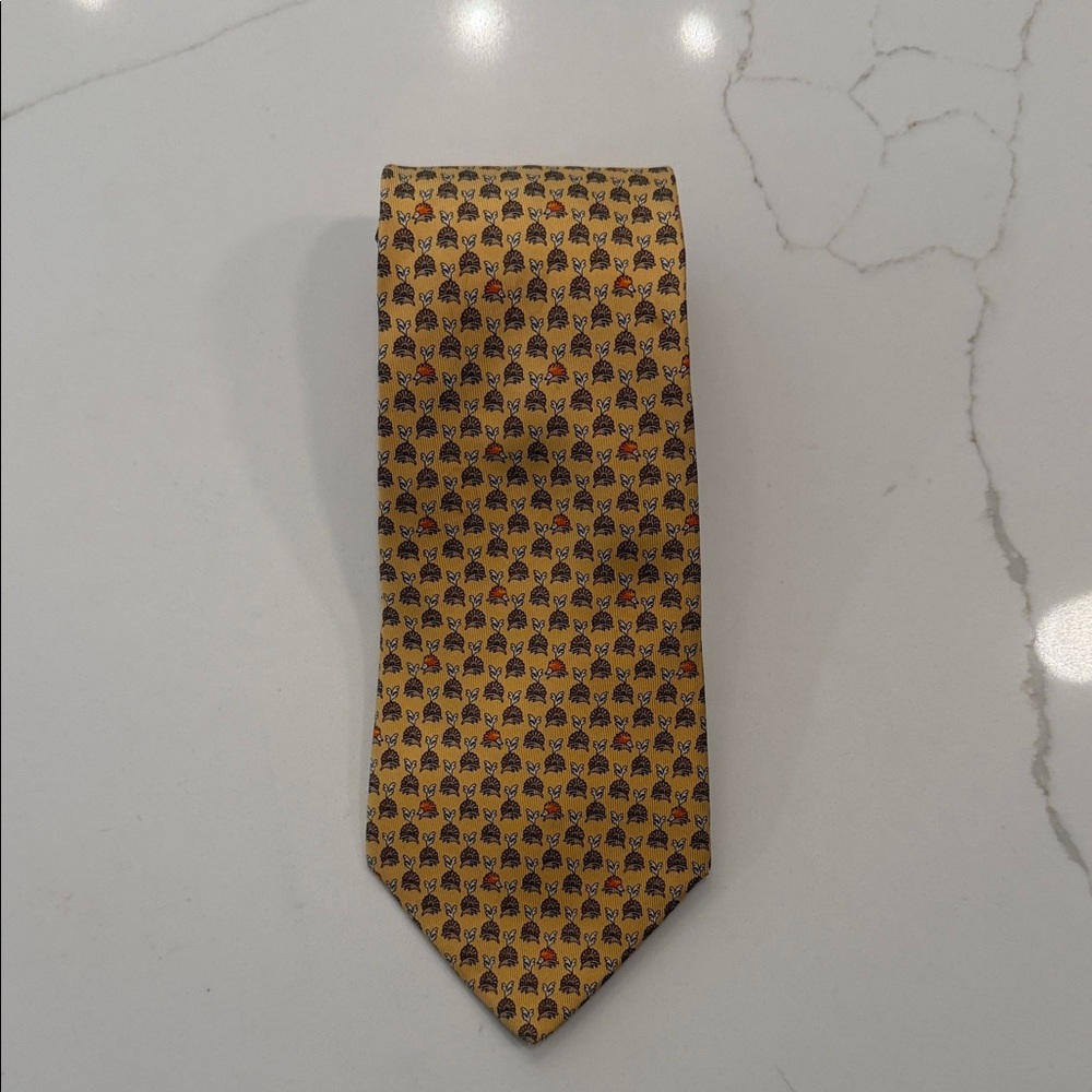 Salvatore Ferragamo Gold Tie with Brown Hedgehogs